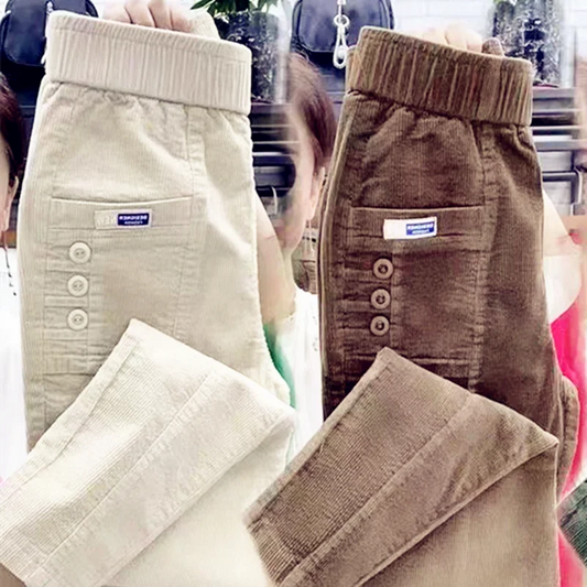 Elegant Women Streetwear Korean Fashion Casual Pant Solid Corduroy Harlan Button Pockets Pants New Autumn Winter Pants Plus Size