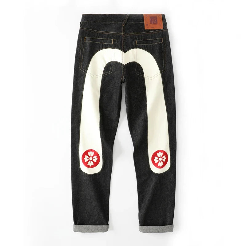 Japanese Handmade Embroidered Jeans Men's Pure Cotton Straight Tube Hip-Hop Popular Slim Red Ears Show Thin Trousers Devil