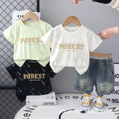 New Summer Baby Boys Clothes Suit Children Fashion  Letter Pocket T-shirt Denim Shorts 2Pcs/Set Toddler Clothing Kids Tracksuits
