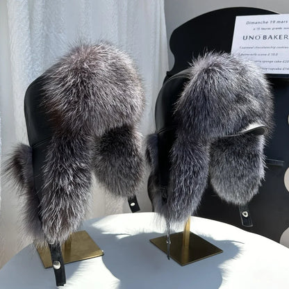 100% genuine fox fur ear-protecting hat Men real raccoon fur bomber hat Women winter warm fur real sheep leather snow hat