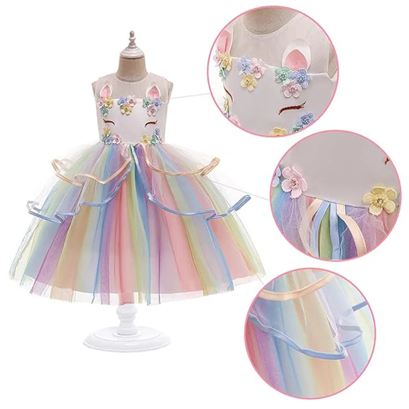 Dreamy Girl Embroidery Sleeveless Unicorn Mesh Princess Dress With Hair Hoop Wing For Kids Party Performance Birthday Gift 2-10T