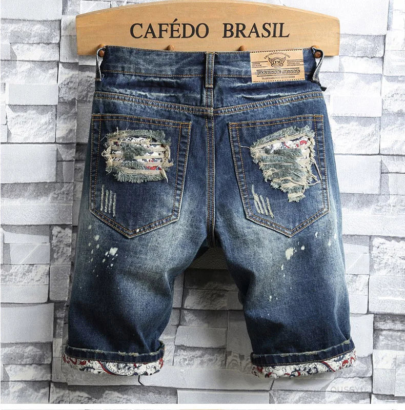 Brand Clothing New Summer Ripped Hole Denim Shorts Men Cotton Thin Straight Retro Biker Knee Length Short Jeans Male Streetwear