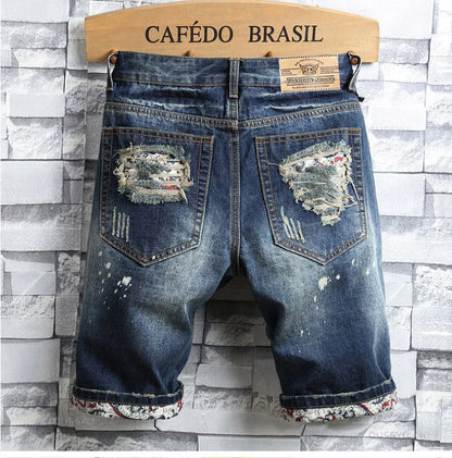 Brand Clothing New Summer Ripped Hole Denim Shorts Men Cotton Thin Straight Retro Biker Knee Length Short Jeans Male Streetwear