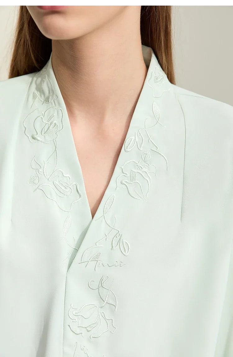 Chiffon Women's Blouse 2025 Autumn New V-neck Letter Embroidered Top Elegant Lantern Sleeve Loose Women's Shirt 12421028