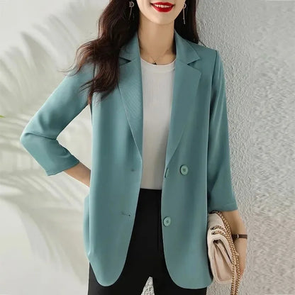 Women Solid Blazers Coat Fashion Slim Suits Female Casual Three-Quarter Sleeve Chic Tops Thin Office Lady Blazer Spring Summer