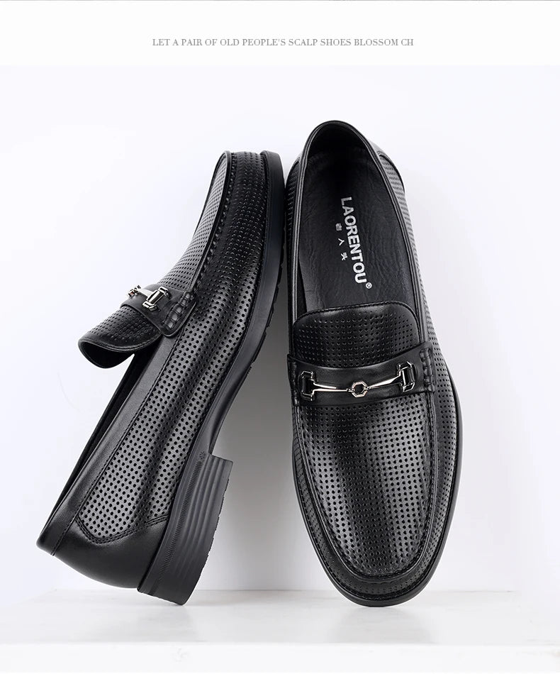 Men's bean shoes, genuine leather hollow out breathable business casual dad leather sandals, soft soled loafers10790DW