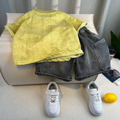 Korean Children's Summer Clothes Kids Set Outfits Boys 2026 Handsome Sleeveless&Short Sleeved T-shirt Denim Shorts 2-piece Set