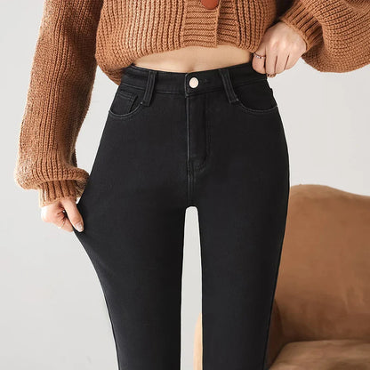 Women Thermal Jeans Winter Snow Warm Thickened Fleece Stretch Skinny Pencil Pants Fashion Korean Slim Fit Velvet Plush Pants