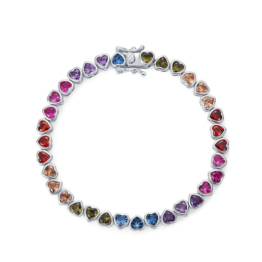 Bracelet de tennis en argent sterling 925, zircone cubique colorée arc-en-ciel en forme de cœur, pour femmes, bijoux fins, vente en gros