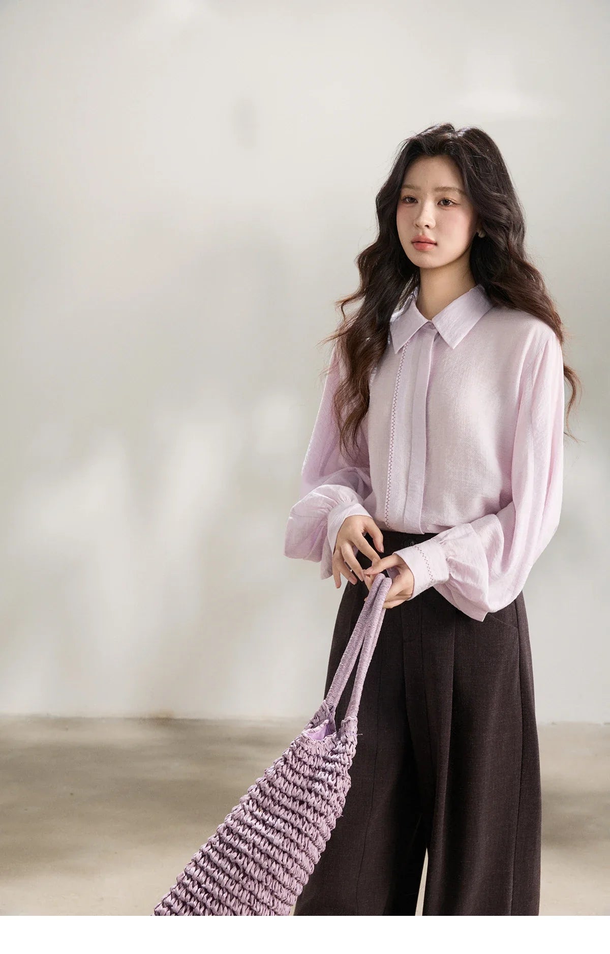 Women's Lapel Lantern Sleeve Shirts 2026 Spring Lace Trim Casual Loose Breathable Solid Shirt Office Lady MXF13C2436