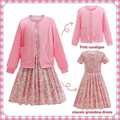 Baby Girl Celebrating 100th School Days Funny Cosplay Costumes Dress Granny Girl Cosplay Floral Old Lady Dress Up With Cane