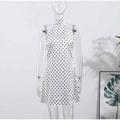 Fashion Lace Up Polka Dot Mini Dress Women Square Collar Short Sleeve Satin Party Dresses2026 Summer Lady Elegant Beach Robe New