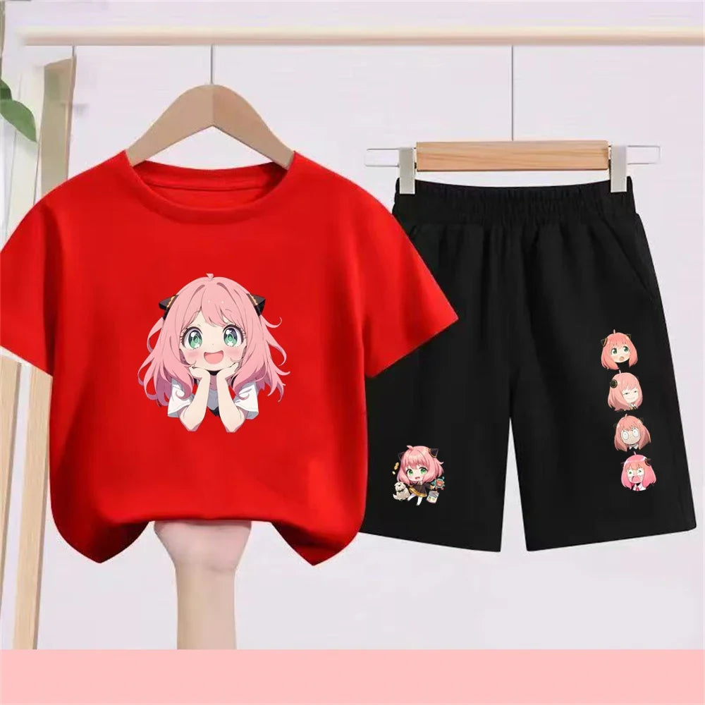 Kids Japanese Anime Spy X Family T-Shirt Sets cool Tops Boy Girls red Casual TShirt+Shorts Children's Summer Short Sleeve