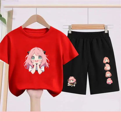 Kids Japanese Anime Spy X Family T-Shirt Sets cool Tops Boy Girls red Casual TShirt+Shorts Children's Summer Short Sleeve