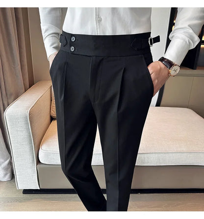 Autumn Winter High Waist Business Dress Pants Men Casual Belt Design Slim Suit Pants Formal Wedding Social Party Male Trousers