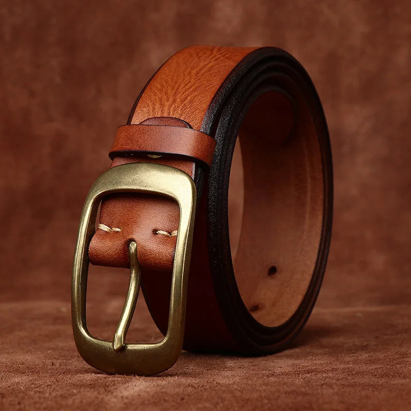 3.8 Width High Quality Pure Cowhide Thick Real Genuine Leather Men's Fashion Brass Buckle Belts Luxury Brand Jeans Belts for Men