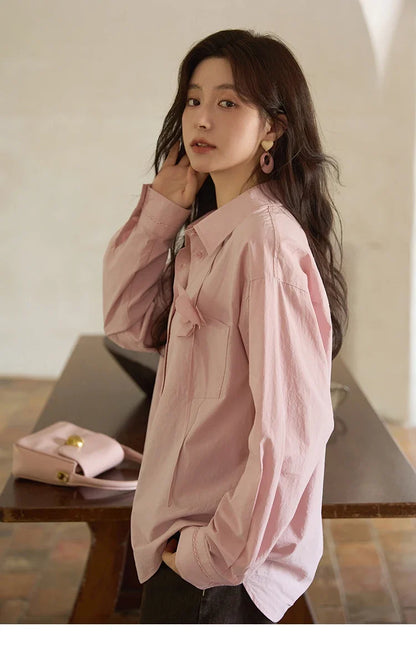 100% Cotton Shirt For Women Autumn 2025 New Fashion Petal Ribbon Button Long Sleeves Shirt Women's Clothing MXE41C2349