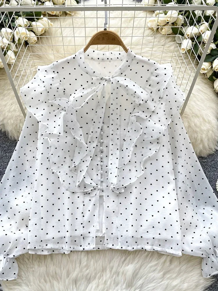 French Sweet Long Sleeved Blouse Women's Clothing Spring Autumn Bow Ruffle Edge Polka Dot Printed Chiffon Shirt Top C42