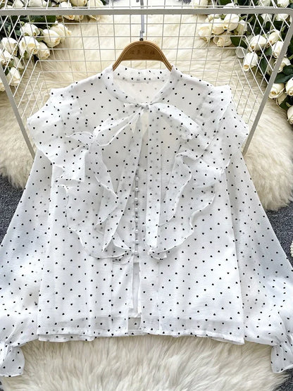 French Sweet Long Sleeved Blouse Women's Clothing Spring Autumn Bow Ruffle Edge Polka Dot Printed Chiffon Shirt Top C42