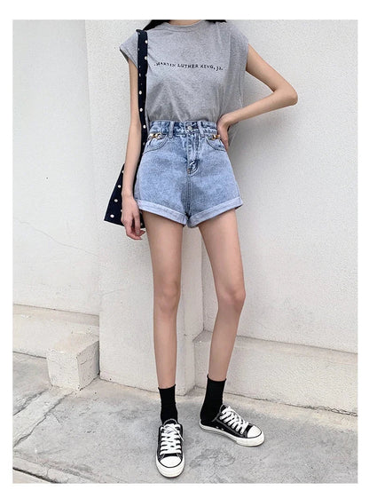 Summer 2024 Denim Shorts Women High Waisted Wide Leg Loose Crimping Blue Jeans Sequined Jean Shorts Female