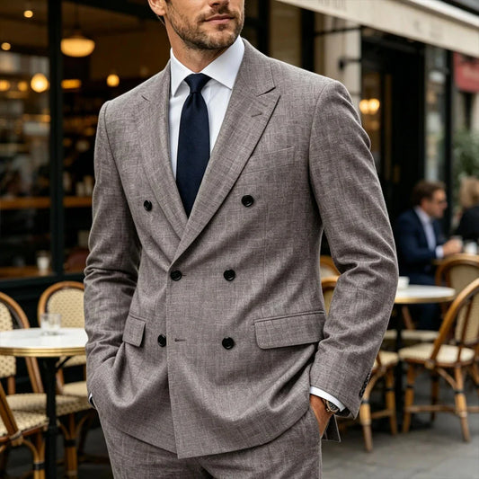 Men's Linen Suit Set  Double Breasted Slim Fit Peak Lapel Formal Blazer Pants Breathable Business Wedding Groom Tuxedo