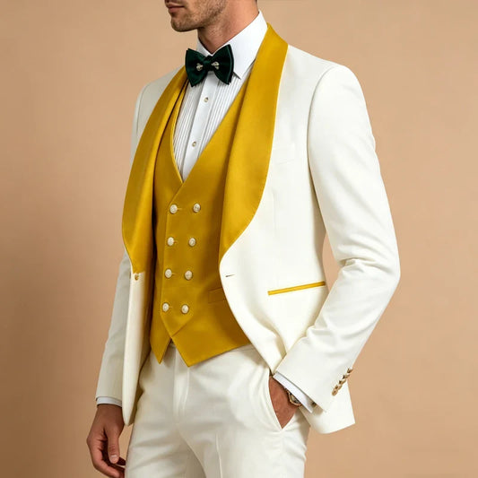 Men White Tuxedo Suit 3 Piece Shawl Lapel Slim Fit 1 Button Velvet Collar Patched Blazer Vest Pants Set for Wedding Party Groom