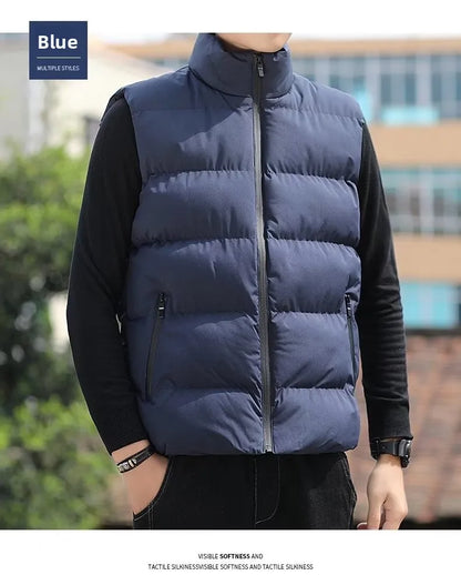 Men's down Vest Thickened Casual Style Stand Collar Jacket Autumn Winter New Fashion Youth Active Fit Zipper Pocket Daily Wear