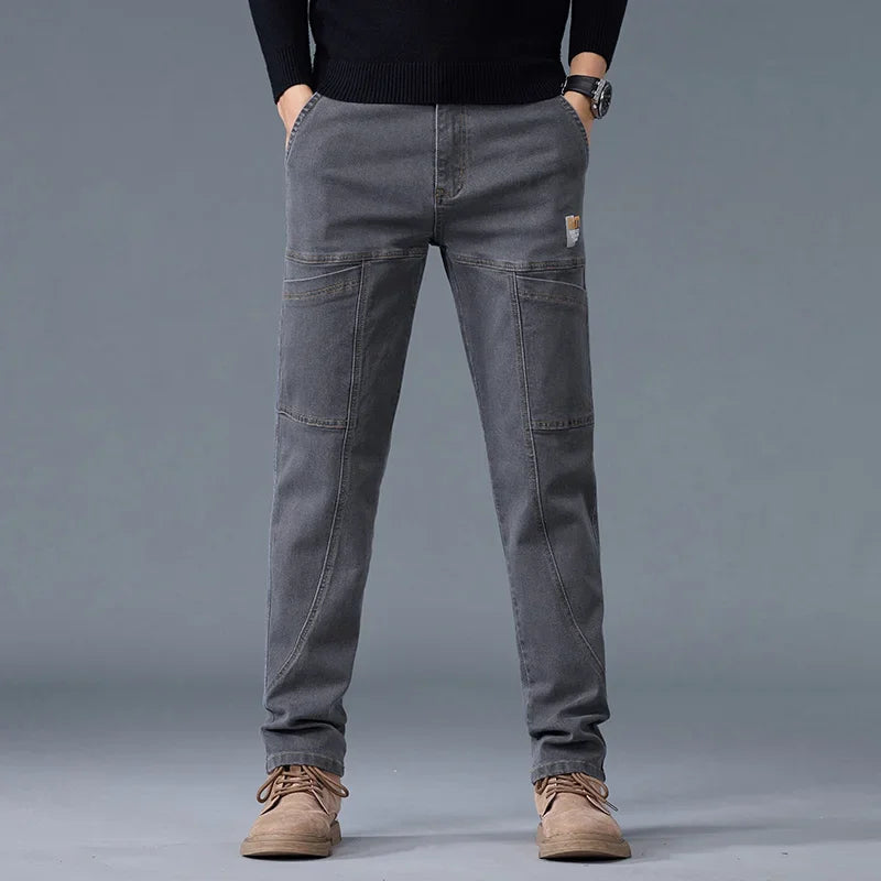 2026 New Style Jeans Men's Slim Fit Korean Style Comfortable Straight Leg Elastic Gray Mid Waist Pants Men's Casual Denim Pants