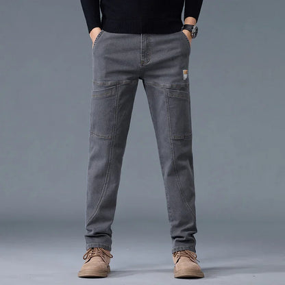 2026 New Style Jeans Men's Slim Fit Korean Style Comfortable Straight Leg Elastic Gray Mid Waist Pants Men's Casual Denim Pants