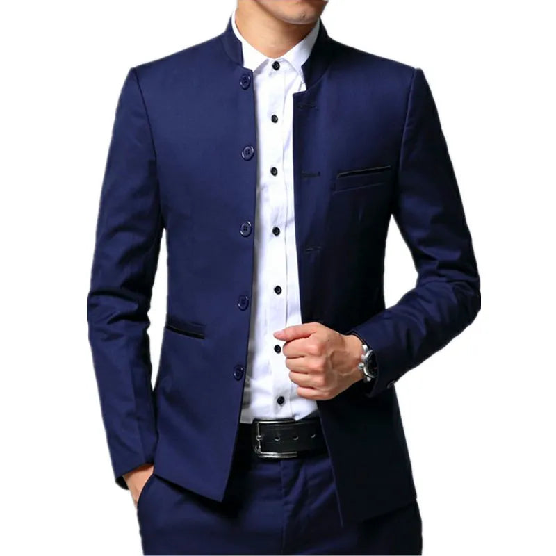 Black Stand Collar Men's 3-Piece, Wedding Party Blazer Jacket and Vest with Pants, Blue Asian Size Slim Fit Sets.