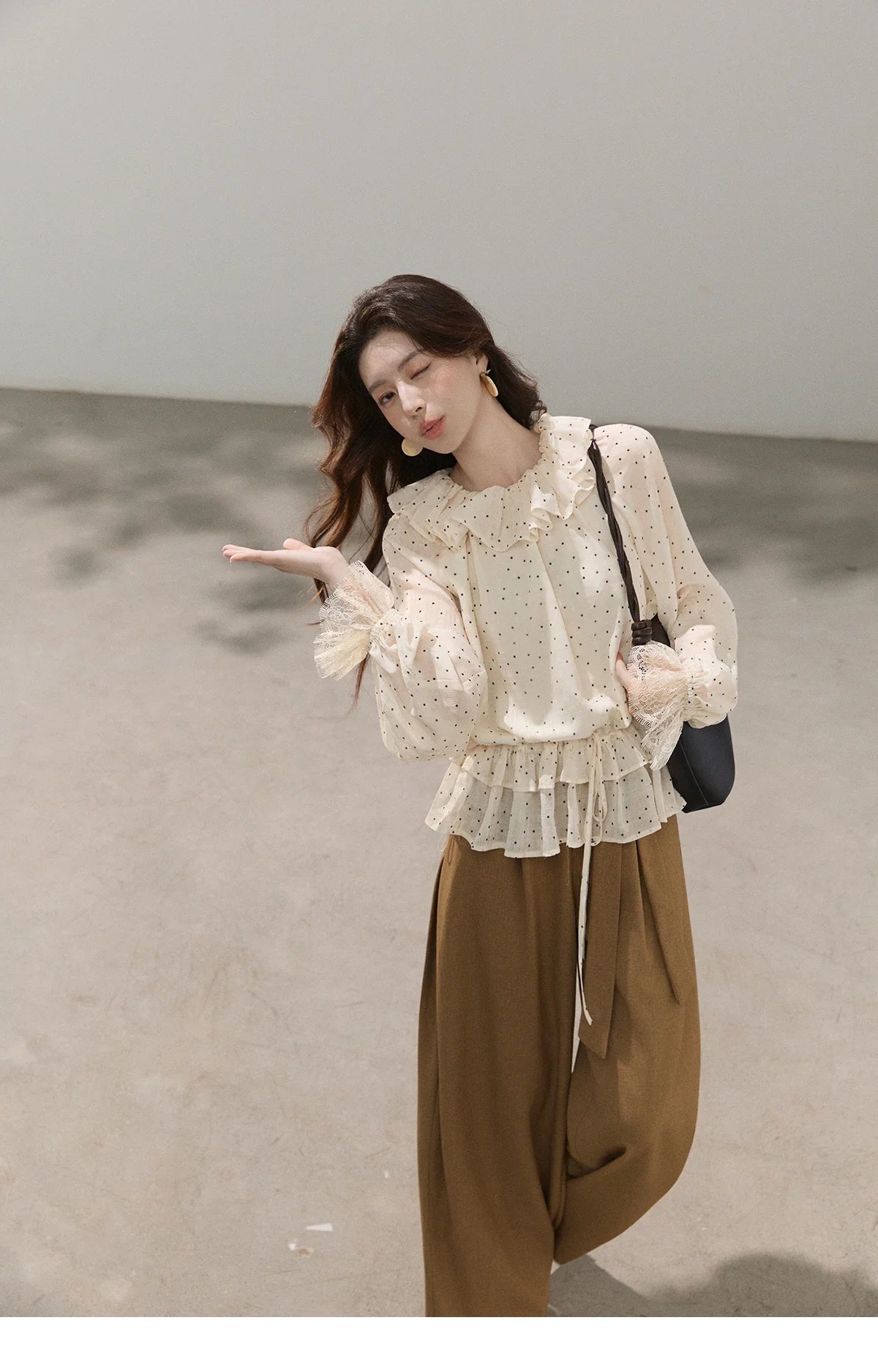 Retro Polka Dot Ruffle Chiffon Blouse 2026 Spring New Apricot Lace Cuffs Design Top Gentle Tie Shirt for Women MXF13X2530