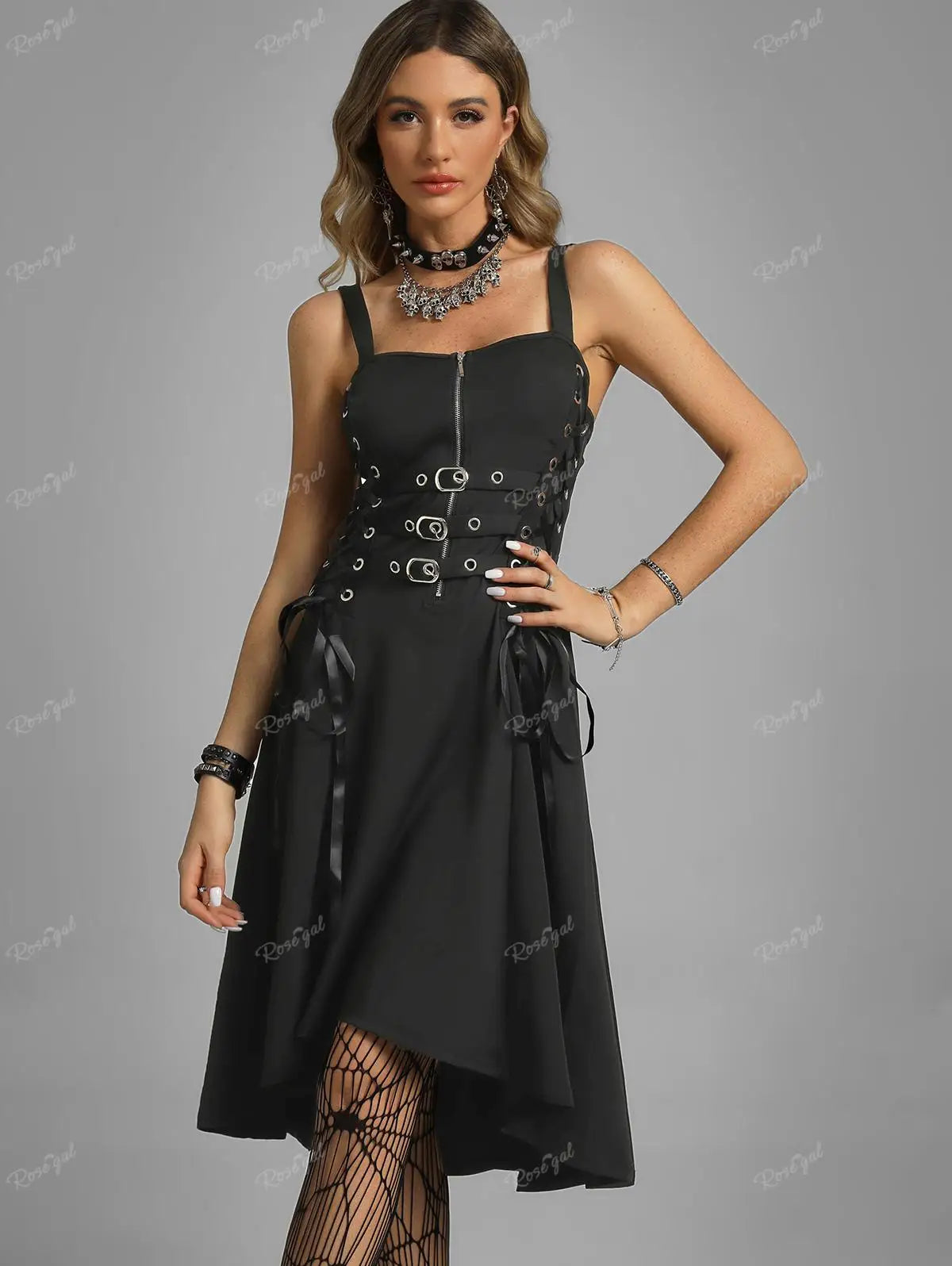 Plus Size Gothic Buckled Lace Up Midi Dress High Waist Sweetheart Neck Asymmetrical Half Zip Sleeveless Party Punk Dress