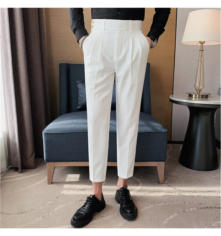 British Style Twill Pleat Design Naples High Waist Casual Trousers Fashion Man Slim Simple Social Party Suit Pant Plus Size 38
