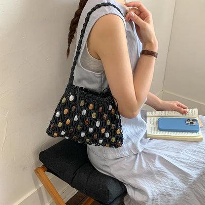 Hollow Beading Women Shoulder Bag Rope Knitting Handbags Bohemian Crochet Mesh Bags for Women Small Woven Beach Bag Flap Tote