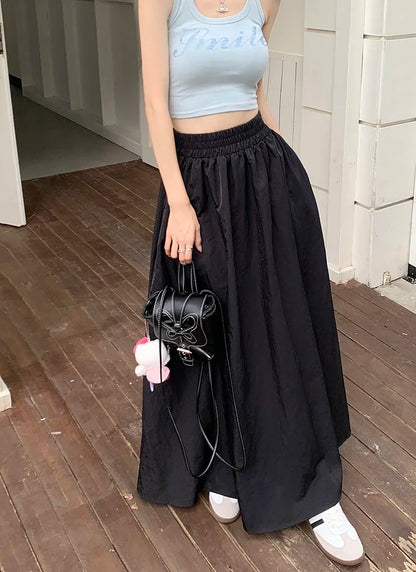 Chic Women Pockets A-Line Long Skirts Ladies Casual Loose Elastic High Waist Midi Skirt 2024 Spring Summer
