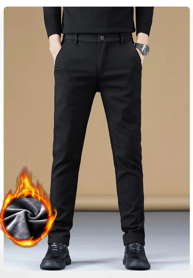 Stretch Fleece Casual Pants Men Korean Thickened Straight Thermal Velvet Pants Male Winter Business Soft Slim Fit Trousers