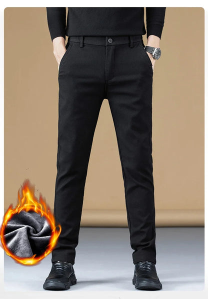 Stretch Fleece Casual Pants Men Korean Thickened Straight Thermal Velvet Pants Male Winter Business Soft Slim Fit Trousers