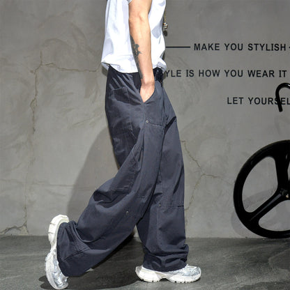 Mens Cargo Pants American Trendy Solid Black Cotton Heavyweight Wide Leg Loose Straight Streetwear Casual High Quality Pants