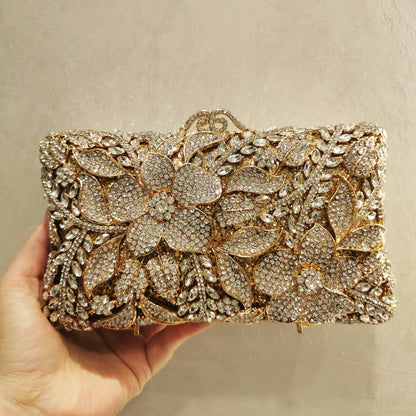 New Arrival Woman Silver Gold Diamond Evening Bag Flower Crystal Birthday Party Handbag Wedding Bridal Gala Floral Purse