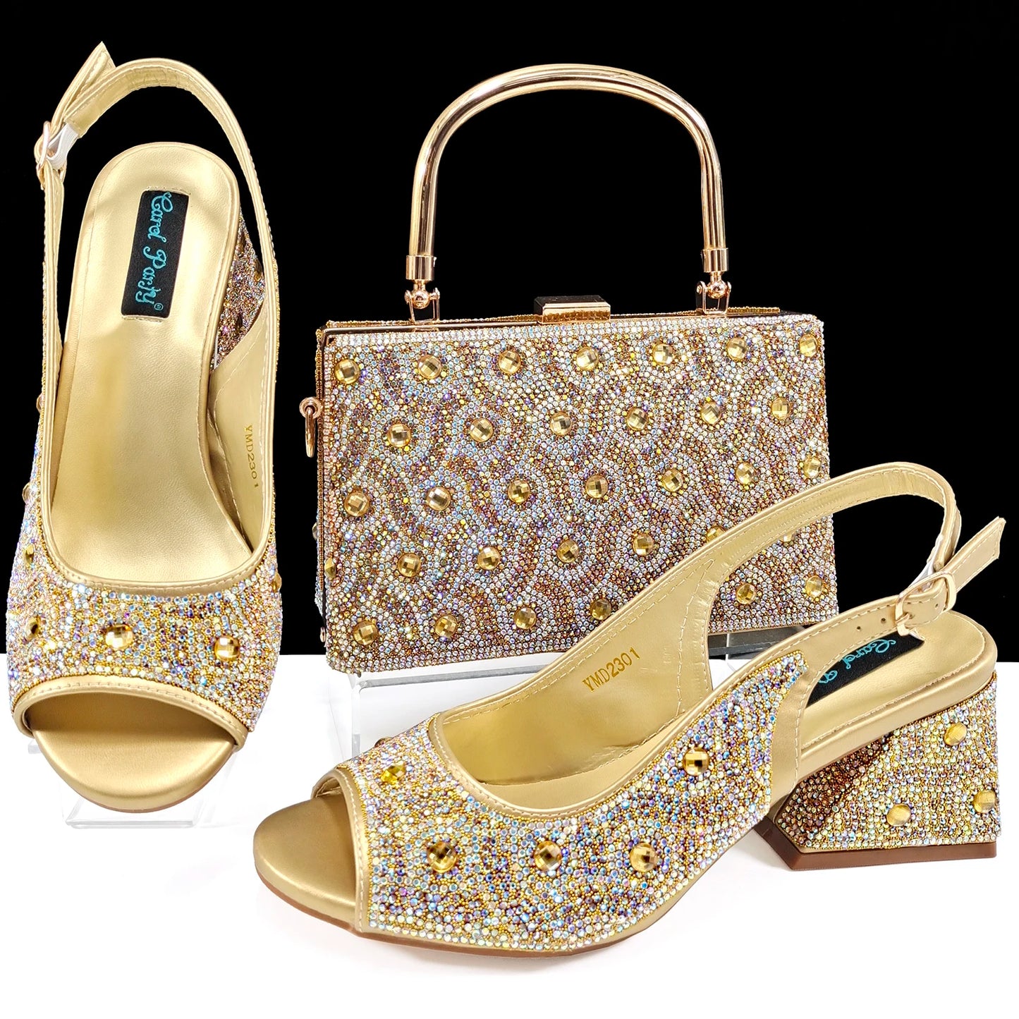 2024 Rhinestone Design INS Hot Sale New Arrivals African Shoes and Bag Set in Green Color Open Toe Comfortable Women Heels