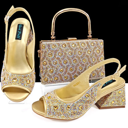 2024 Rhinestone Design INS Hot Sale New Arrivals African Shoes and Bag Set in Green Color Open Toe Comfortable Women Heels