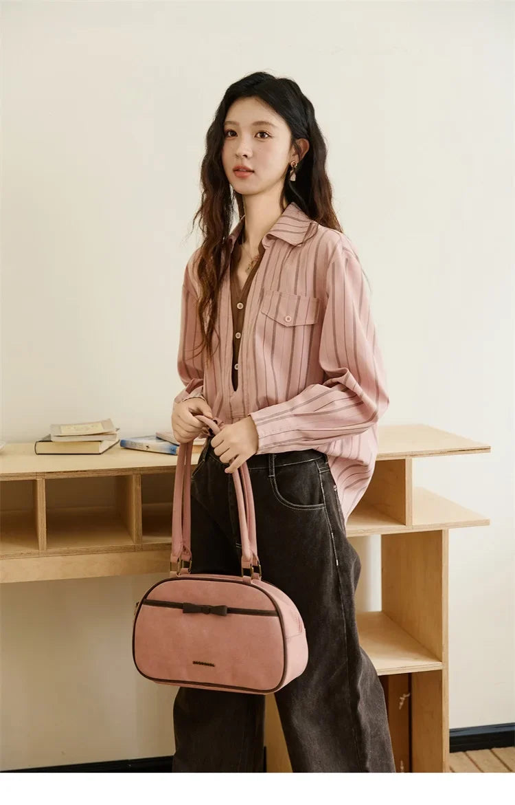 Peach Skin Velvet Stripe Shirt for Women Autumn 2025 Double Layered Collar Contrasting Color Shirt Commute Top MXE47C2408