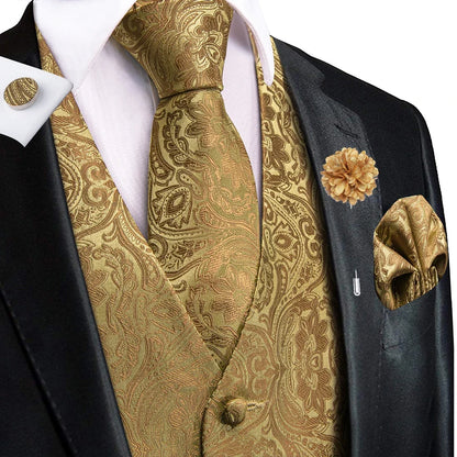 Luxury Gold Black Mens Vests Print Jacquard Waistcoat Tie Hanky Cufflinks Brooch Set for Men Wedding Formal Business Hi-Tie