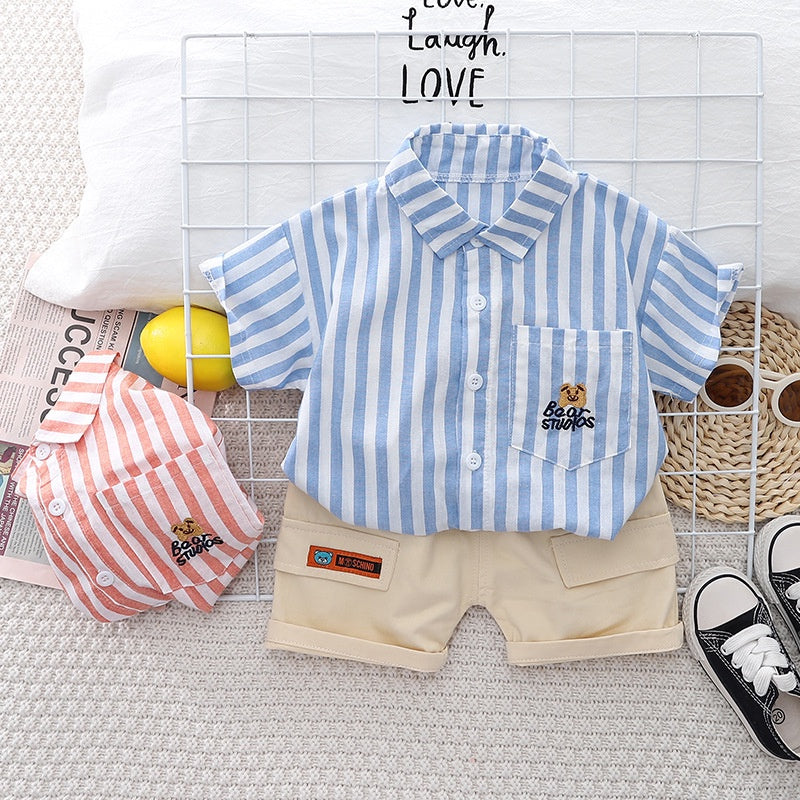 New Summer Baby Boy Clothes Set Toddler Boys Striped Cartoon 2-Piece Outfit with Cargo Shorts Casual Infant Children's Clothing