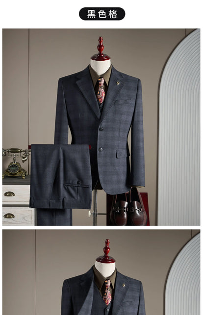 High-quality, Fashionable and Stylish Wedding Casual Checkered Suit Set, Men's Business Casual Suit Three-piece Set