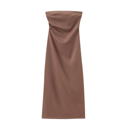 Women Fashion Summer New Sexy Split Back Zip Pleated Sleeveless Strapless Dress Chic Female French Elegant Evening