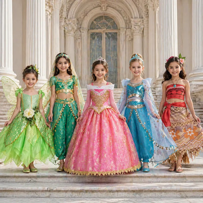 Elsa Anna Snow White Moana Rapunzel Ariel Belle Princess Dress for Girls Cosplay Carnival Birthday Party Outfit Kids 2-8Y