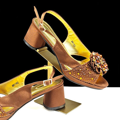 Open Toe Women Heels for 2024 Elegant Party Olive Color Diamond Pumps Italian Shoes and Bags Matching Set