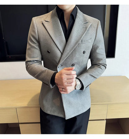 High Quality Men Double Breasted Blazer Suede Gilded Twill Slim Fit Business Social Formal Suit Jacket Tailcoats Men Clothes