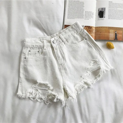 Summer Korean Women's Cowboy Shorts High Waist Casual Blue Denim Shorts Pocket Tassel Perforated Fashion Shorts Y2K Female Jeans